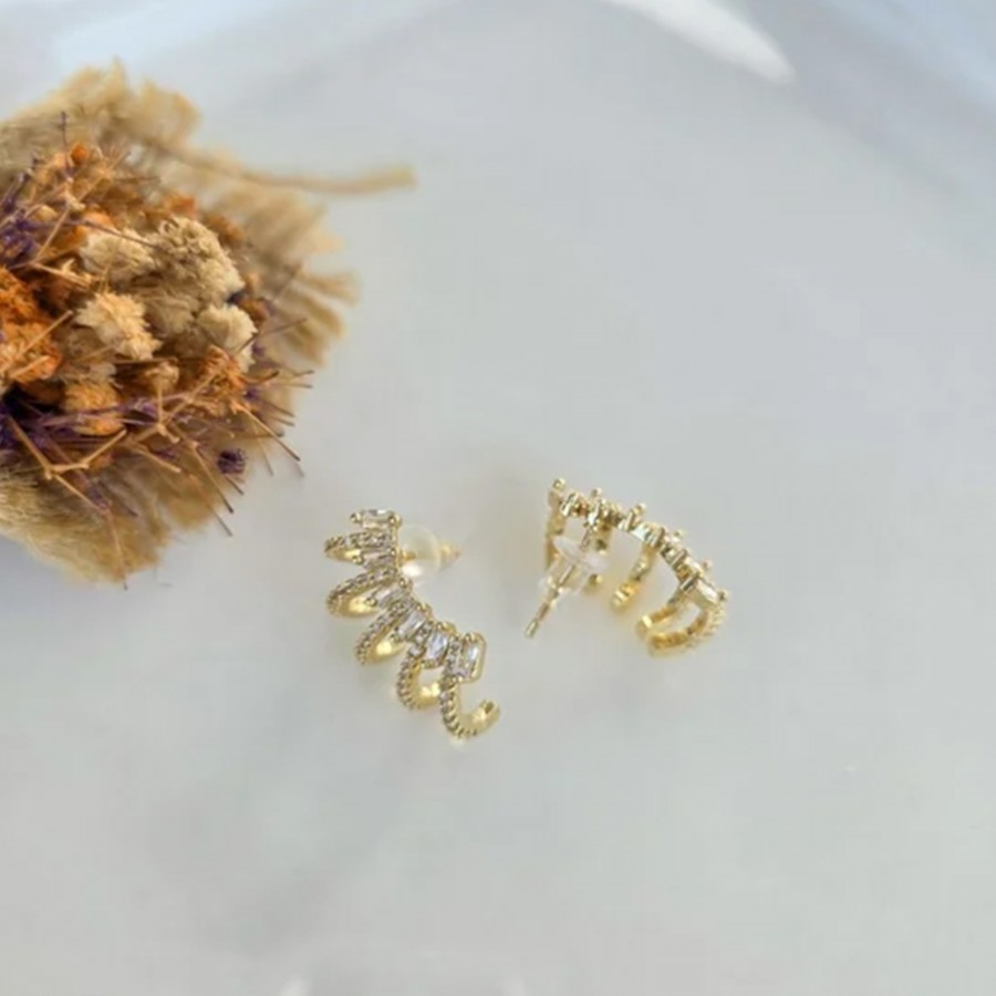316L 1. Sınıf Çelik Zirkon Taşlı Çoklu Görünüm Tasarım Modern Kadın Küpe Gold