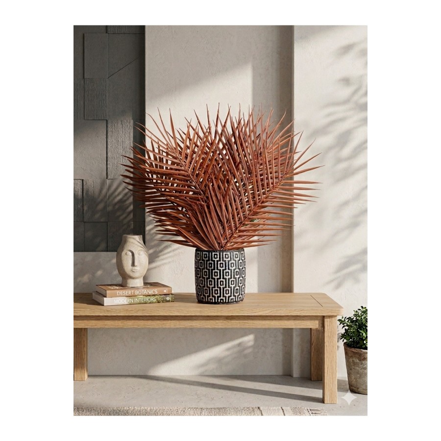 Yapay Areka Palmiye 45cm Kiremit Tarçın Yapraklı Geometrik Siyah Beyaz Saksıda Bohem Salon Bitkisi