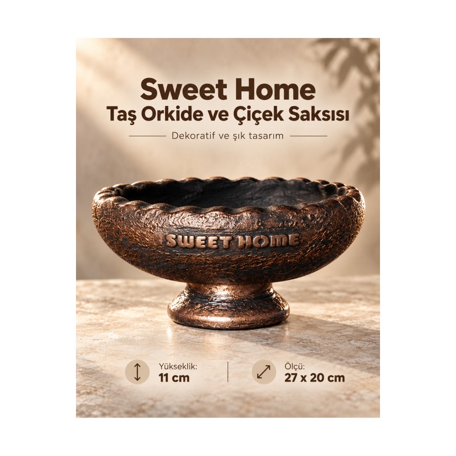 Sweet Home Taş Orkide Saksısı 27x20 cm Dekoratif Ayaklı Çiçek ve Normal Çiçek Saksısı 11 cm
