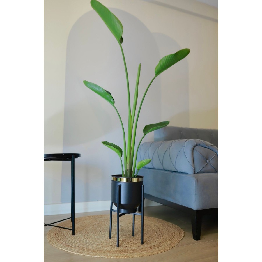Metal Saksı Ayaklı Çiçeklik Siyah Gold Detaylı Dekoratif Saksı Vazo Saksılık 41x21cm