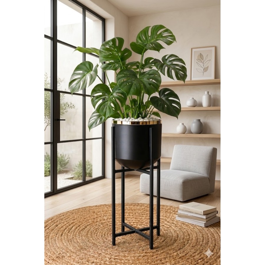 Bitkidunyam Mat Ayaklı Saksı, Metal, Altın Detaylı Kenar, Modern Minimalist Stil, İç Mekan, 52x21 cm No:4