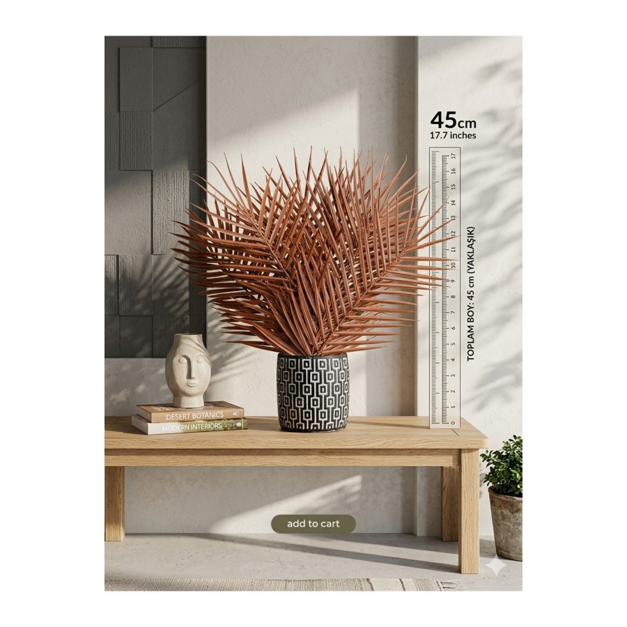 Yapay Areka Palmiye 45cm Kiremit Tarçın Yapraklı Geometrik Siyah Beyaz Saksıda Bohem Salon Bitkisi