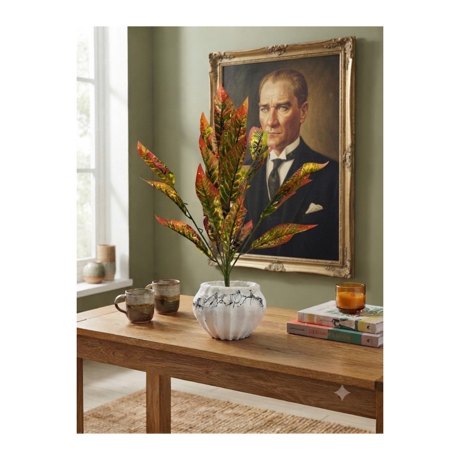Yapay Kraton Bitkisi - 60-70 cm Şık Taş Saksılı Dekoratif Salon Ofis Bitkisi